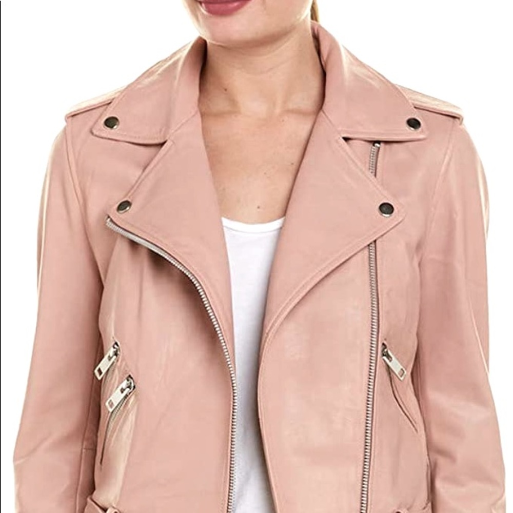 Pink leather biker jacket by Walter Baker